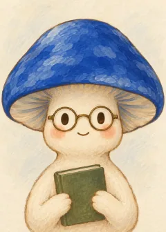 证件照：一只戴圆眼镜、抱着书的蓝色蘑菇